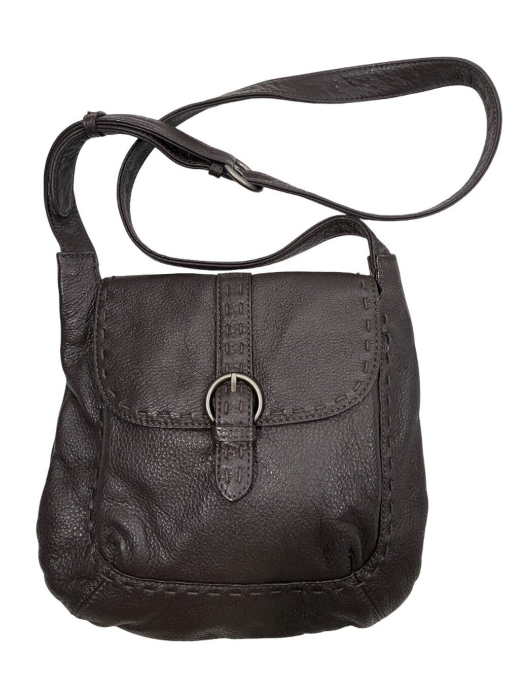 J.Jill Dark Brown pebbled Leather Crossbody Bag Adjustable Strap & Buckle Detail